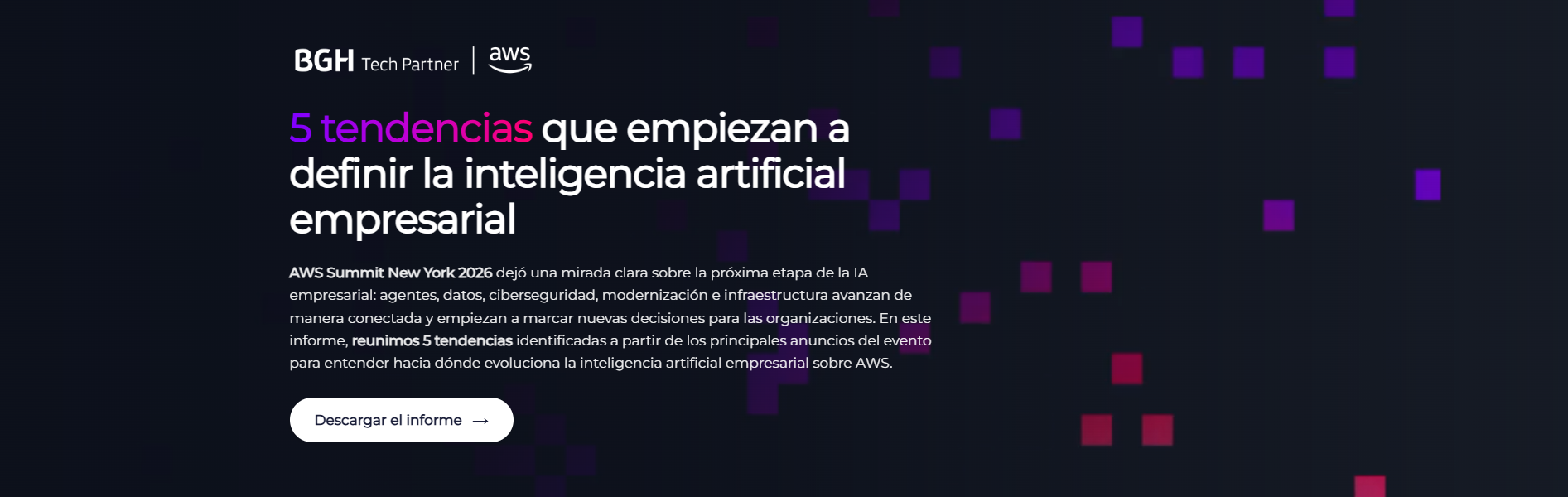 Screenshot of the BGH Tech Partner landing page about five trends from AWS Summit New York 2026, presenting the report and providing access to download it