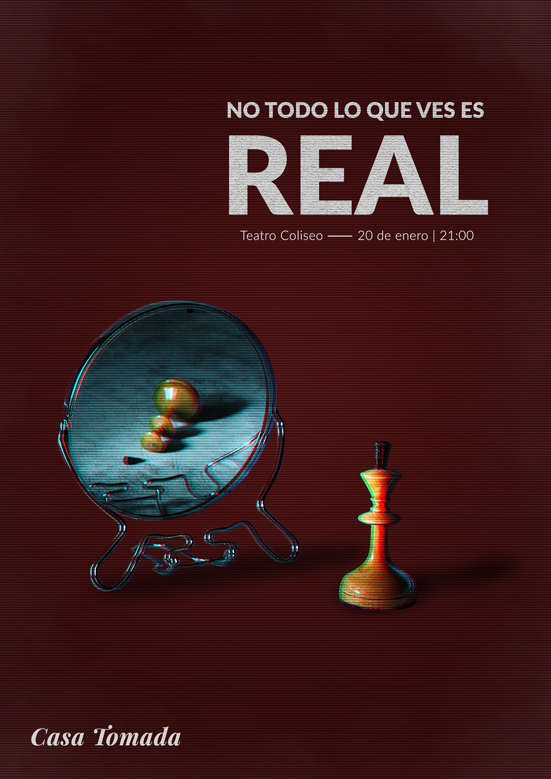 Red Casa Tomada poster: Not everything you see is real. A chess piece faces a mirror that shows a different reflection.