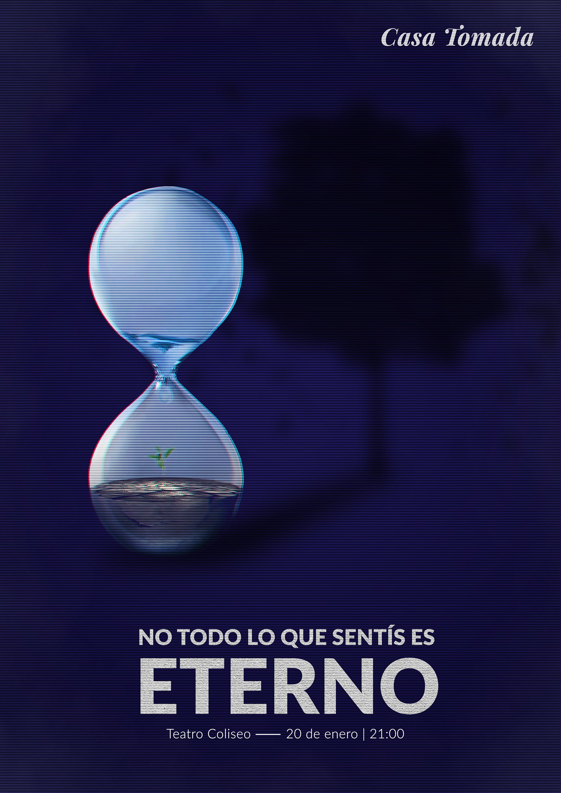 Blue Casa Tomada poster: Not everything you feel lasts forever. An hourglass contains a small plant.