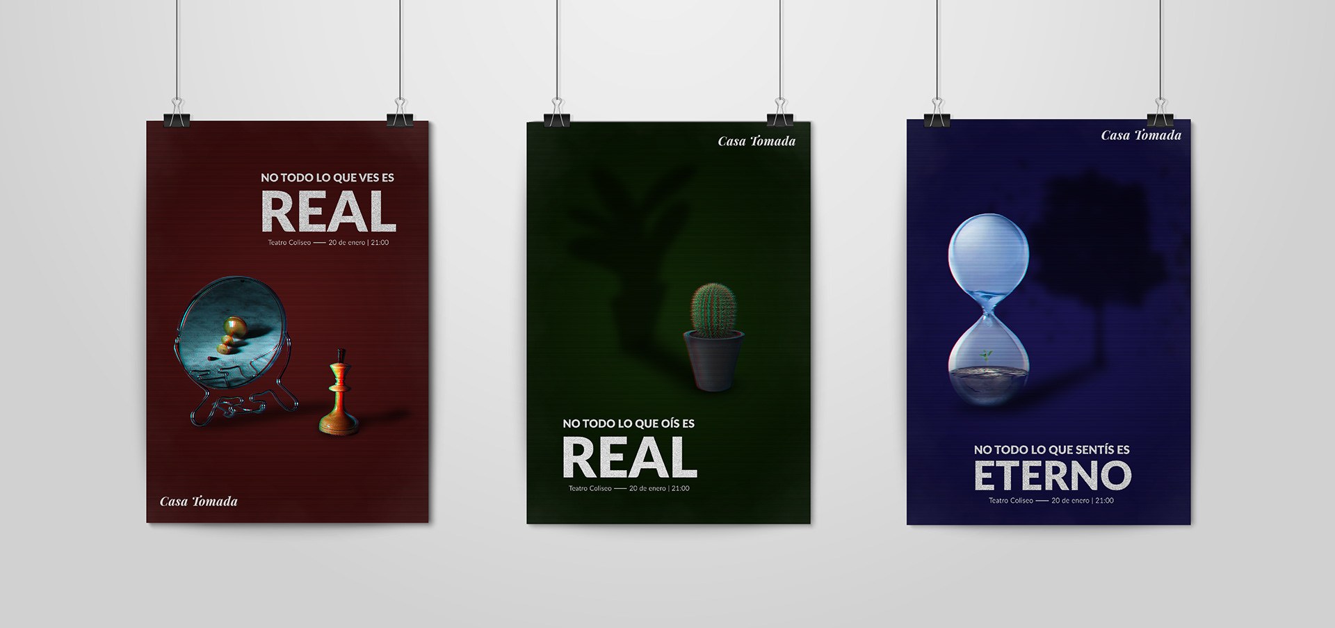 Mockup of the three Casa Tomada posters hanging side by side on a gray wall