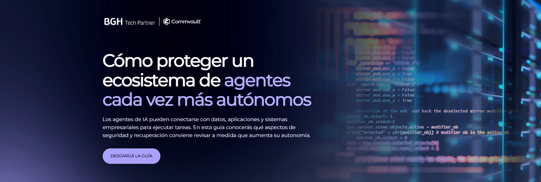 Captura del inicio de la landing de BGH Tech Partner y Commvault sobre seguridad y resiliencia en ecosistemas de agentes de IA, con acceso a la descarga de una guía