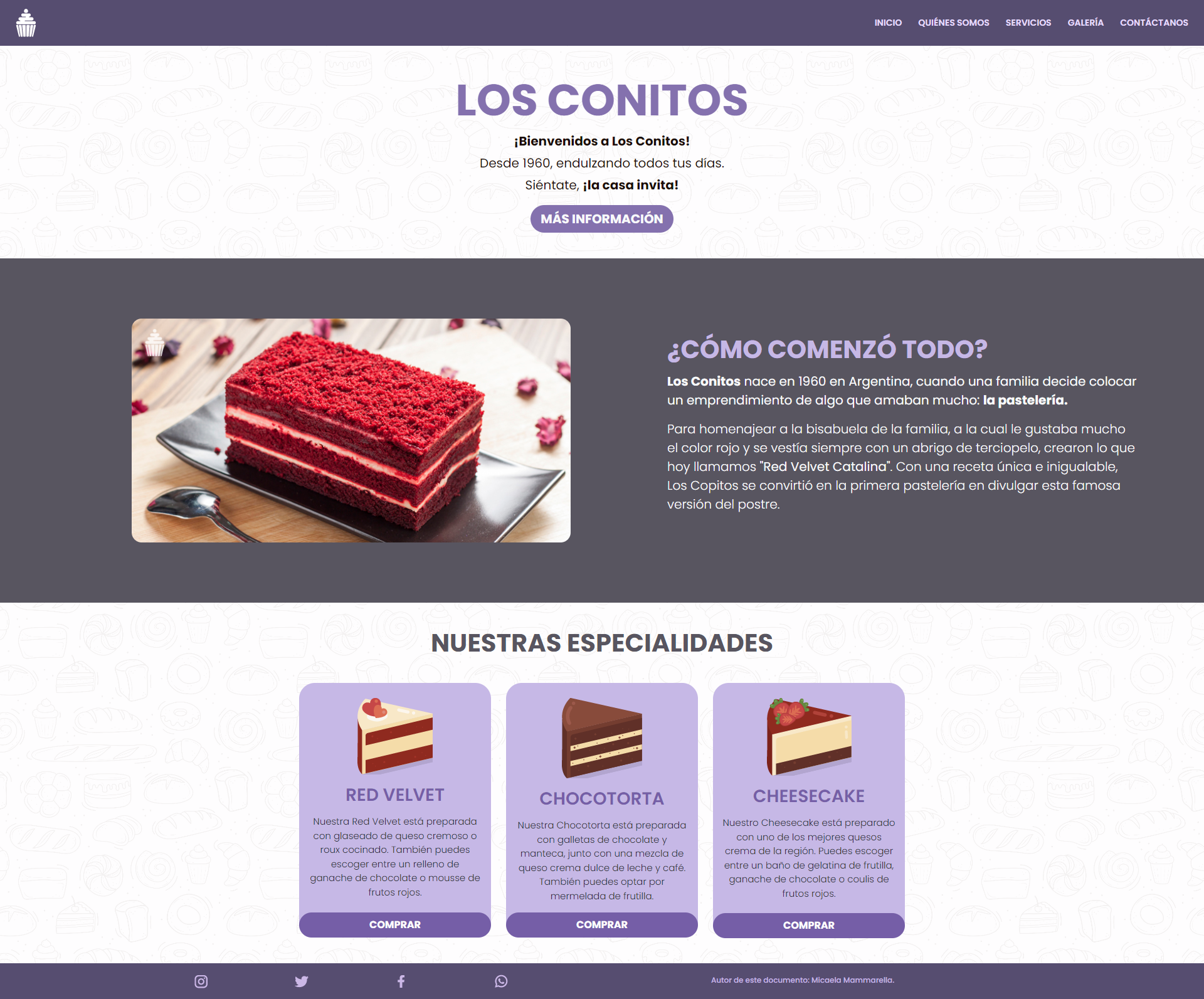 Screenshot of the Los Conitos website, featuring its welcome section, bakery story, and specialties