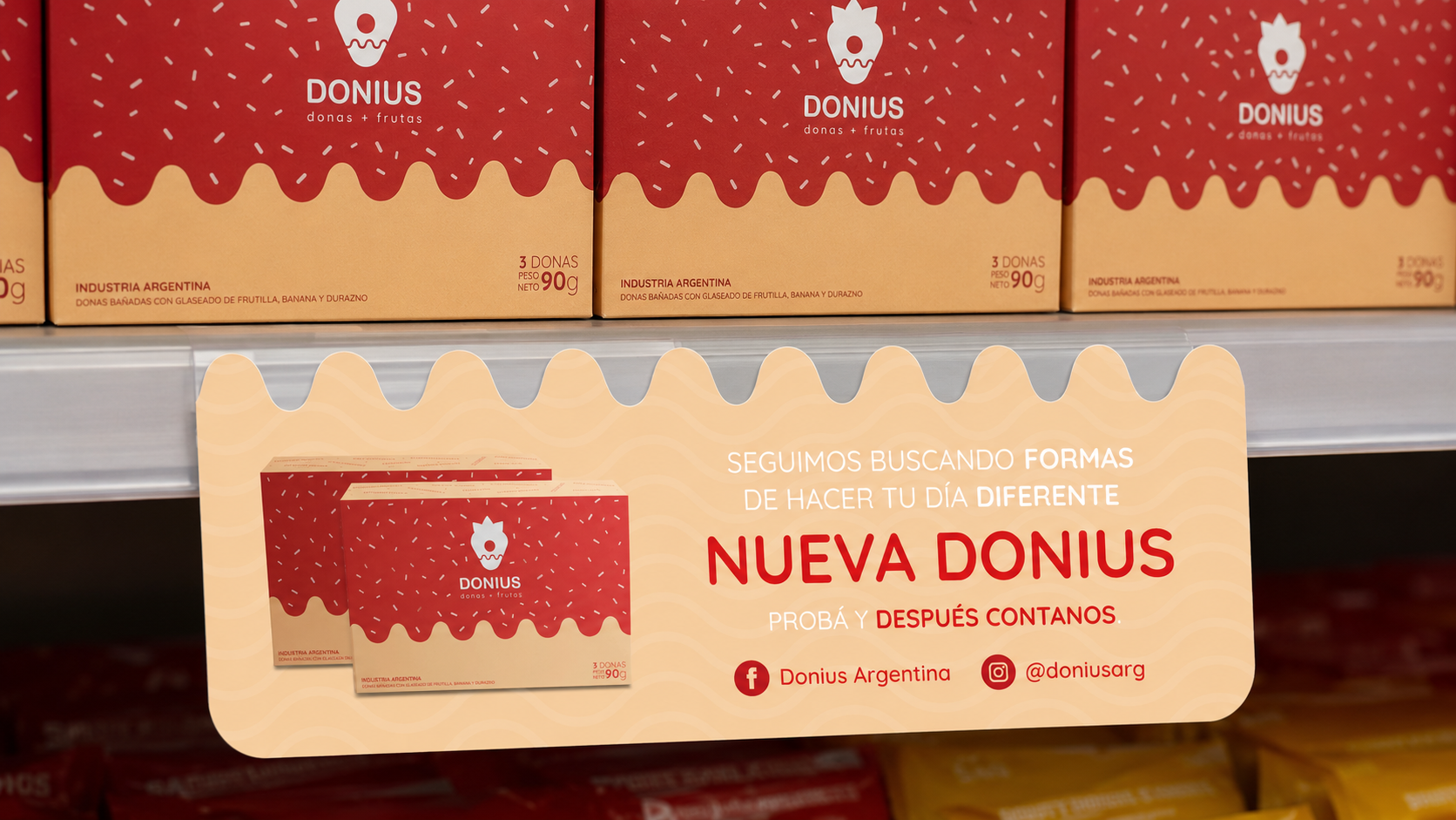 DONIUS promotional shelf strip displayed below the products