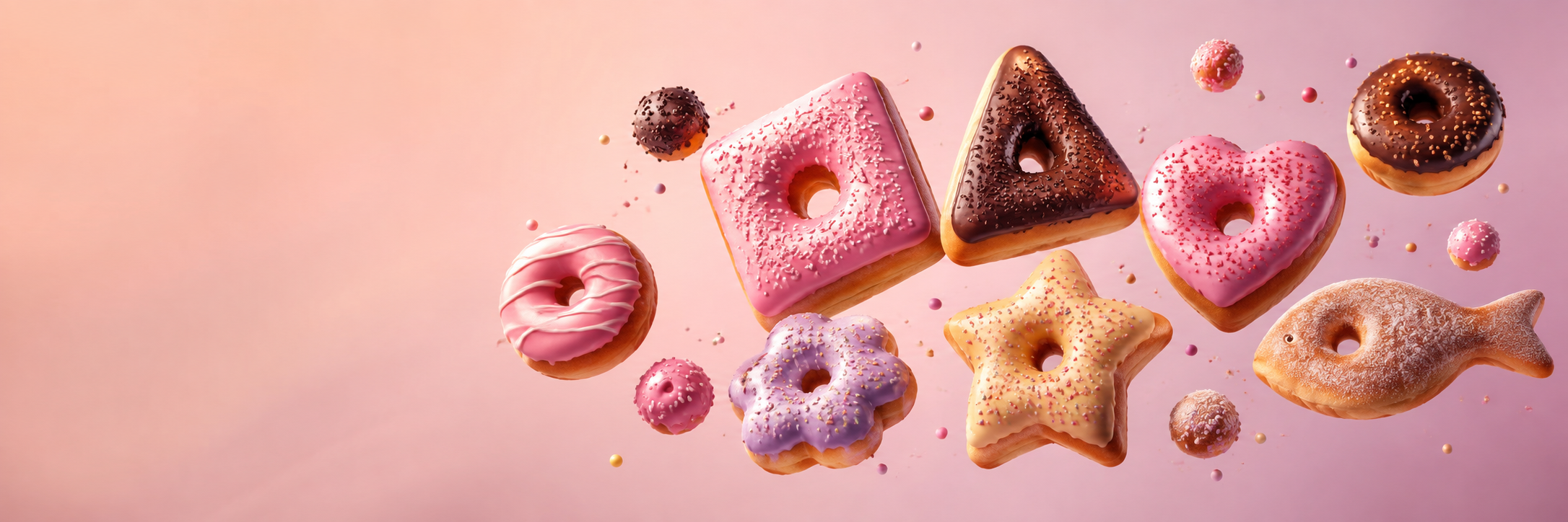 Doughnuts in different shapes suspended over a pink background