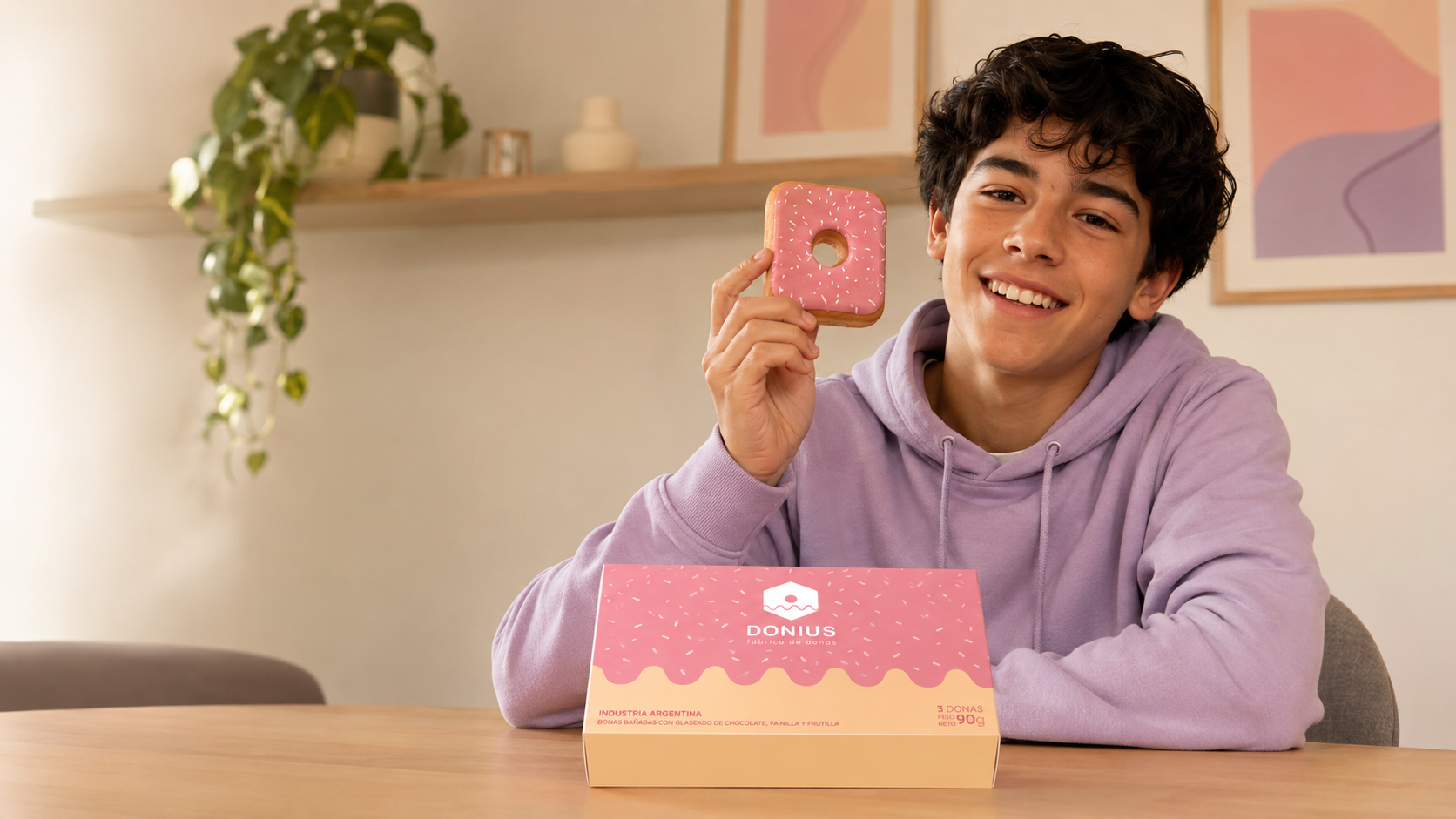 Young person holding a square doughnut beside a DONIUS box