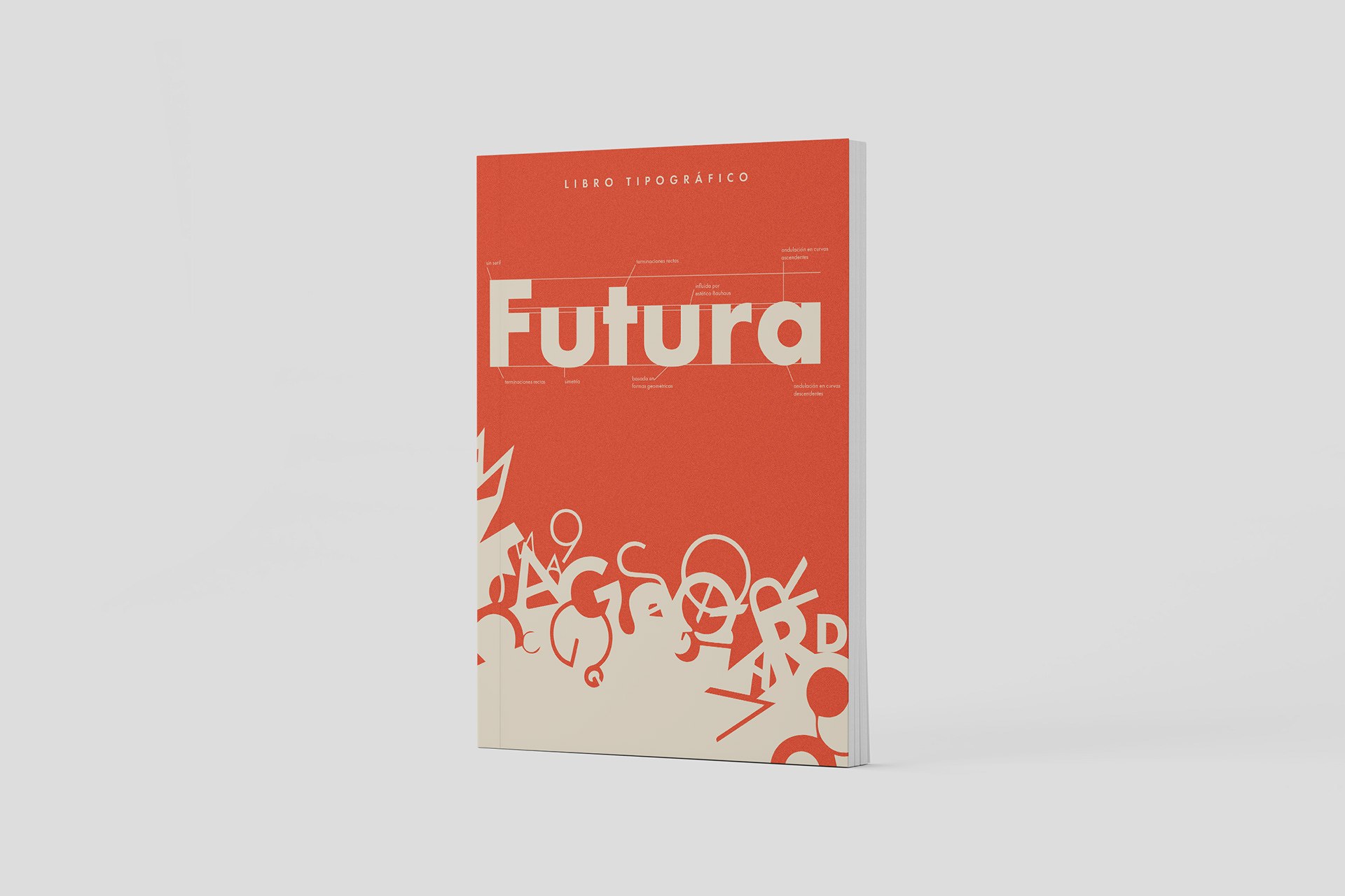 Mockup of the Futura typography book, featuring its orange cover on a gray background