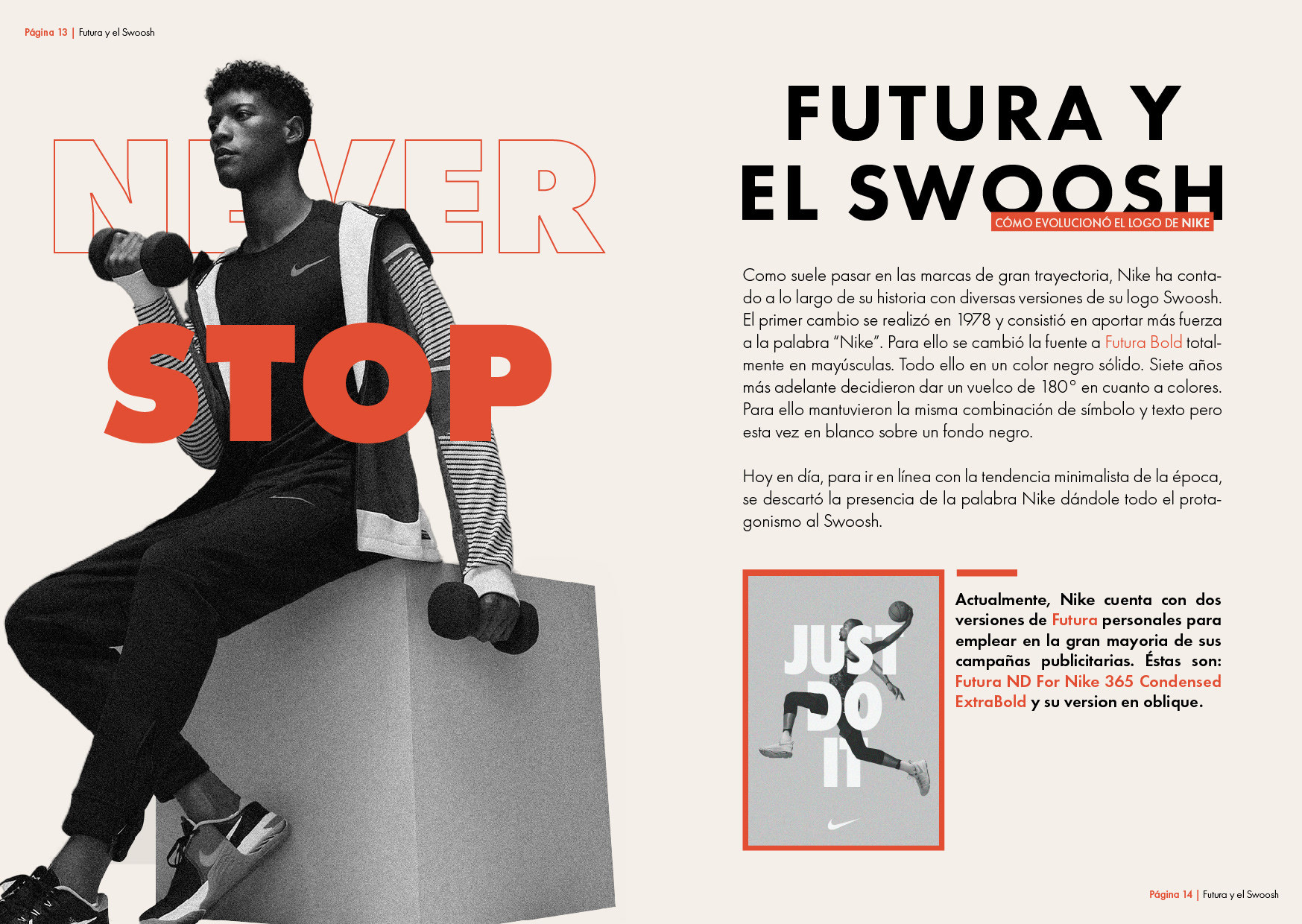Pages 13 and 14: Futura in Nike’s identity