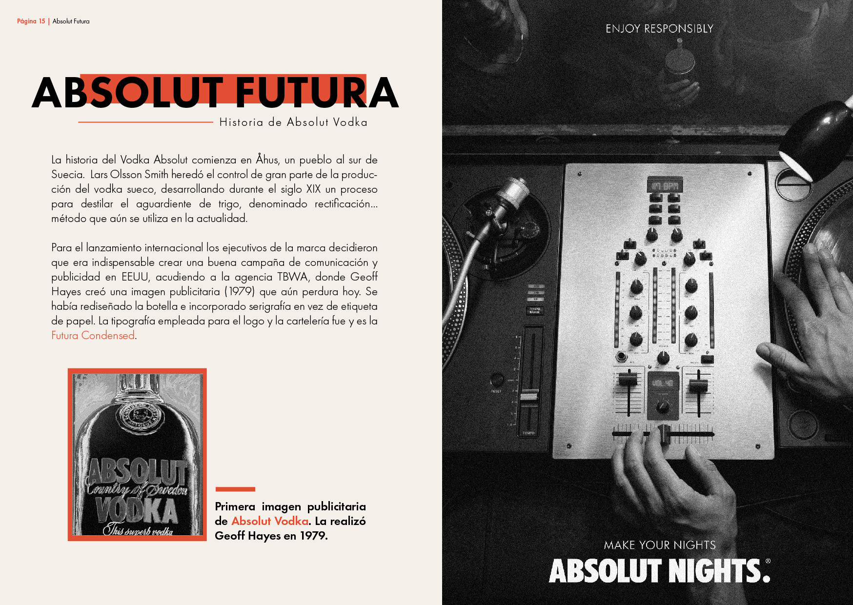 Pages 15 and 16: Futura in Absolut advertising