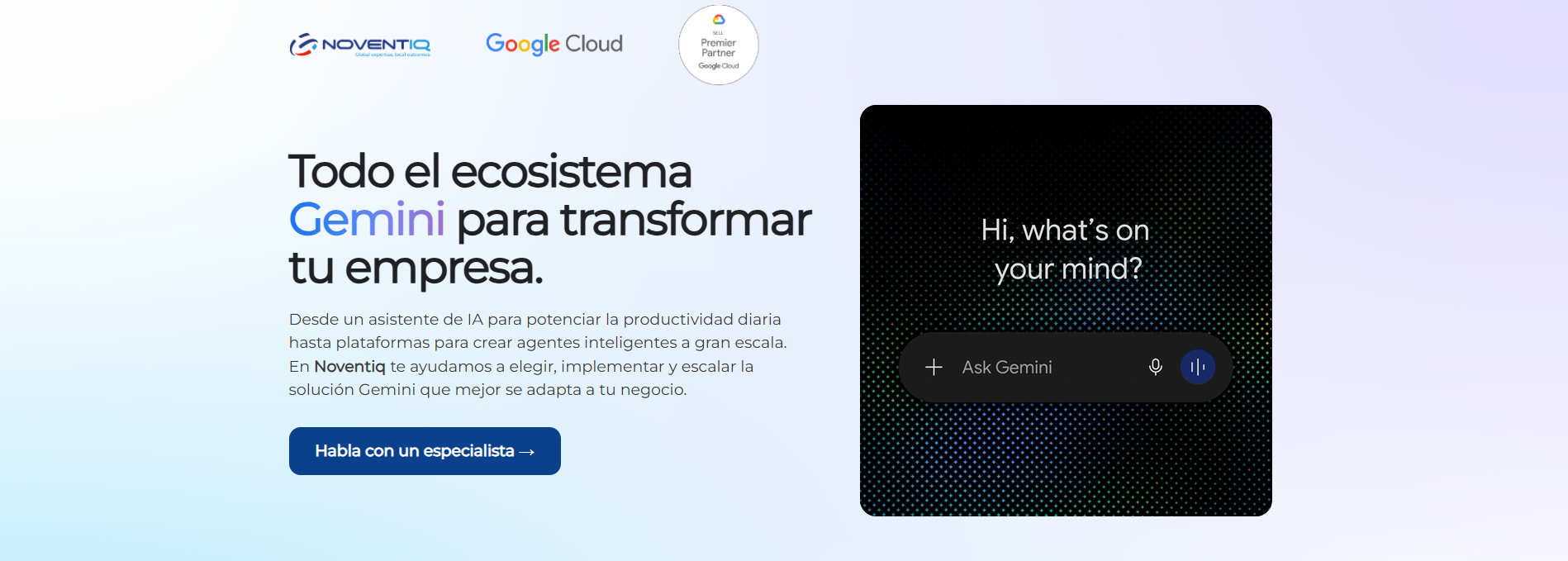 Screenshot of the Gemini Ecosystem landing page for Noventiq, with its introduction and access to a specialist