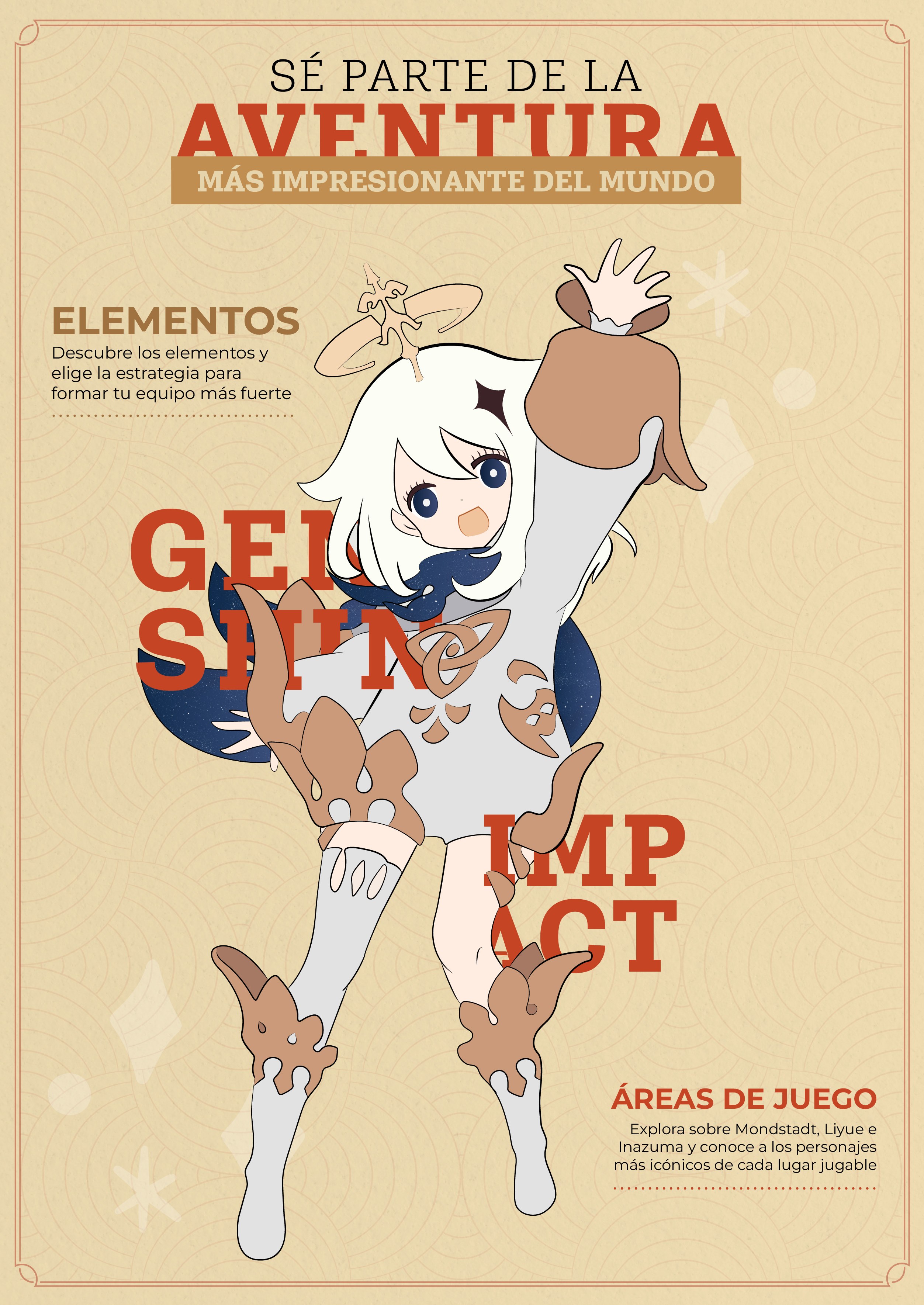 Vertical front of the Genshin Impact magazine poster, featuring Paimon and her halo over a warm textured background