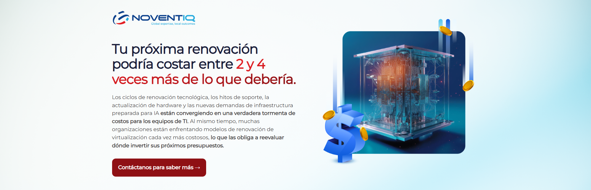 Screenshot of Noventiq’s migration and modernization landing page, presenting its response to renewal costs and access to the contact form