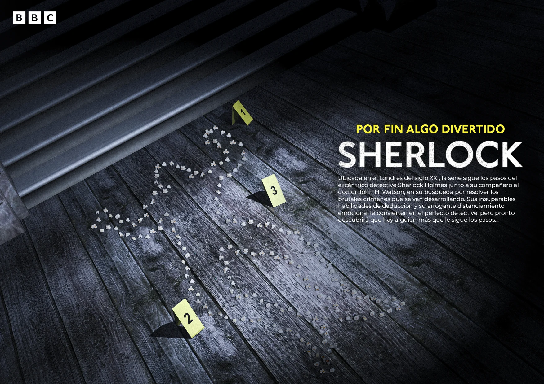 Póster de SHERLOCK: Por fin algo divertido, con pochoclos que dibujan la silueta de un cuerpo en una escena policial